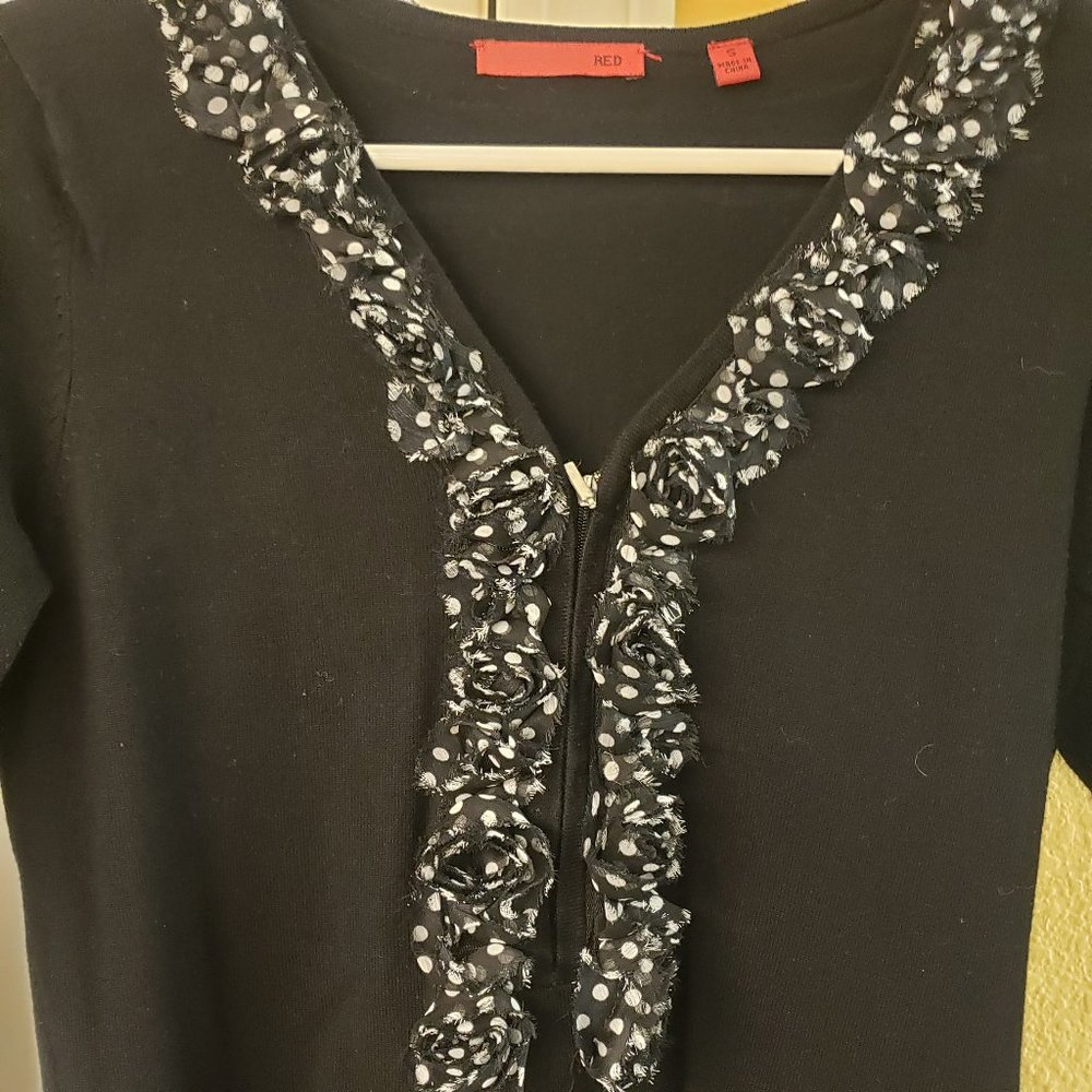 Black Cardigan. White Polka Dot Trim V-neck, Long Sleeve